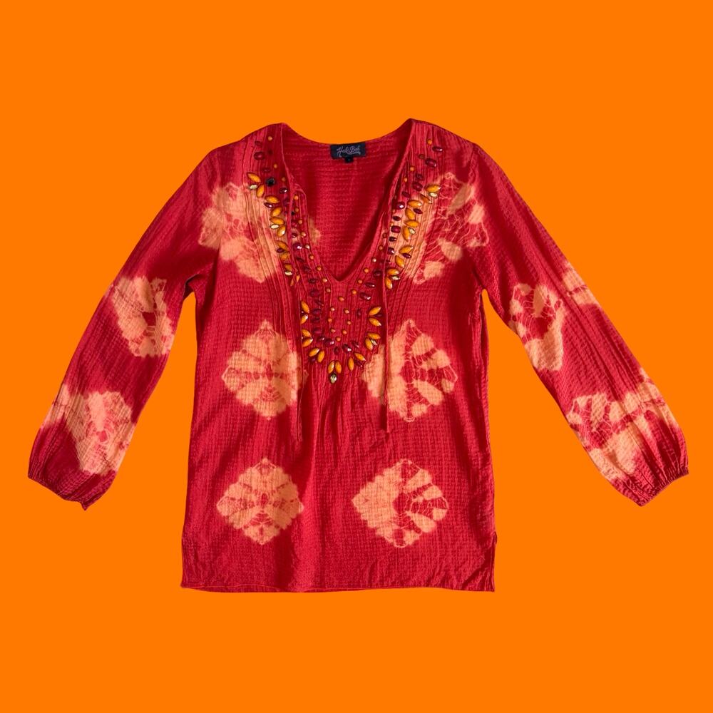 00's vintage boho silk blend tie dye beaded tunic blouse y2k top S hale bob